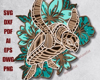 Arquivo SVG vetorial multicamadas para corte a laser com tartaruga marinha e flores, disponível para download instantâneo em plataformas como Glowforge, Silhouette e Cricut.