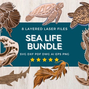 Multilayer Sea Life Laser Cut Bundle Layered Fish Laser Cut File SVG Multilayer Turtle Laser Cut Wood CNC Ocean Layered Sea Horse SVG