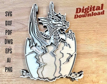 May include: A layered wooden dragon emerging from an egg, with intricate details and a natural wood finish. The design includes the text "Digital Download" and file type abbreviations: SVG, DXF, PDF, DWG, EPS, AI, and PNG.