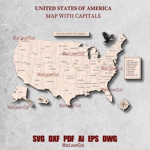 USA Karte Laserschnittdatei 3D Holzkarte USA Karte SVG Dxf Nordamerika Laser SVG-Datei 3D Unabhängigkeit Laser 4. Juli Schichtdatei Laser Dxf