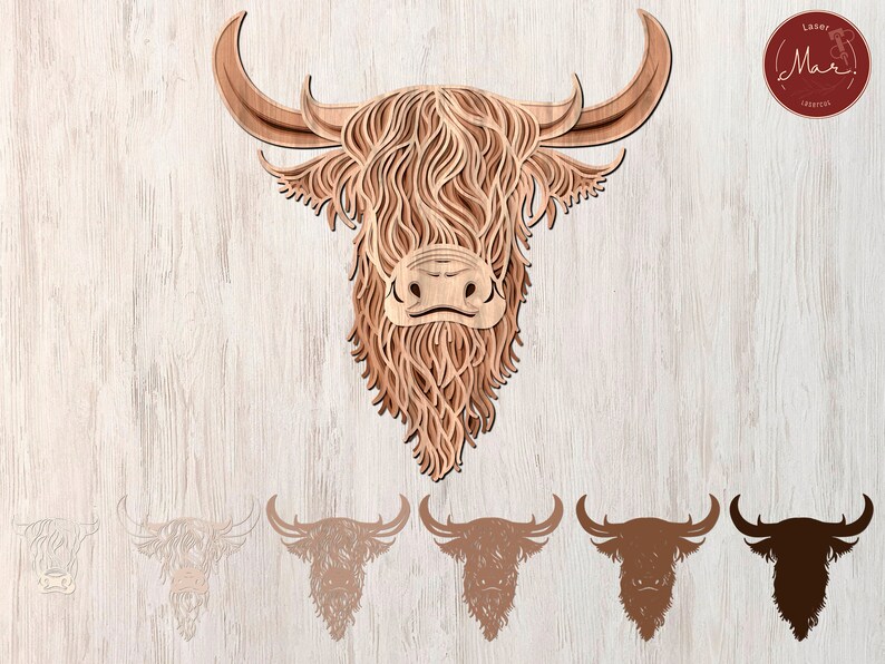 May include: A wooden cutout of a Highland cow head with a shaggy mane and long horns. The cutout is in a light brown color and has a detailed design. The image also shows five different variations of the cutout in different colors.