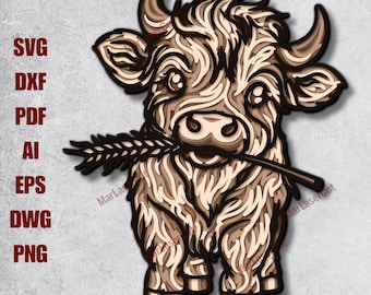 Highland Cow Laser Cut File Multilayer Highland Cow SVG Layered Svg Files Dxf Highland Lasercut SVG File 3D Plywood Cow Cnc Router File DXF