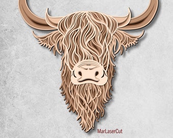 Vache Highland multicouche fichier découpé au Laser en couches Vache Highland Svg Vache Highland Xtool fichier fichier laser Svg Vache en bois en couches SVG multicouche DXF