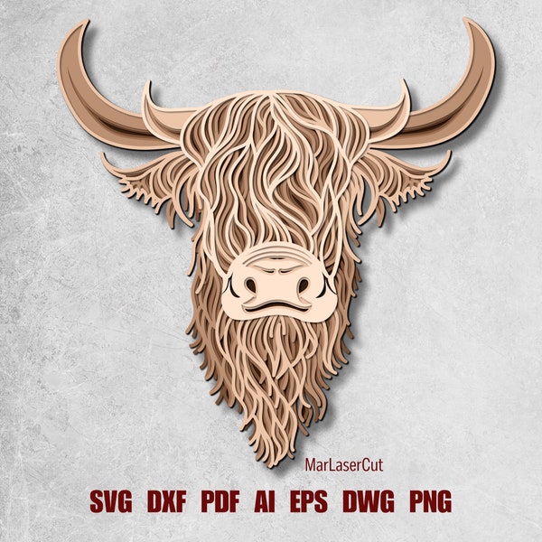 SVG en capas Highland Vaca Svg Archivo de corte 3d Capa Vaca Mandala SVG Corte de papel Multicapa Vaca Corte láser Archivo Dxf Archivo Mandala 3d CNC Láser