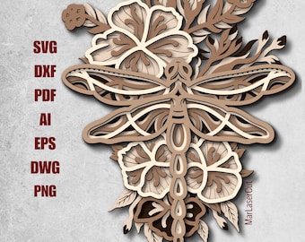 Trollslända Layered SVG Trollslända Svg Cut-fil 3D-lager Trollslända Mandala SVG Papperskärning Flerlagers Trollslända Laser Cut-fil Dxf CNC Laser