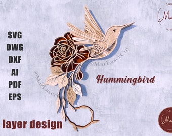 Multilayer Hummingbird Laser Cut 3D File SVG Mothers Day multilayer laser cut bird layered with flowers Mandala Vector multilayer DXF