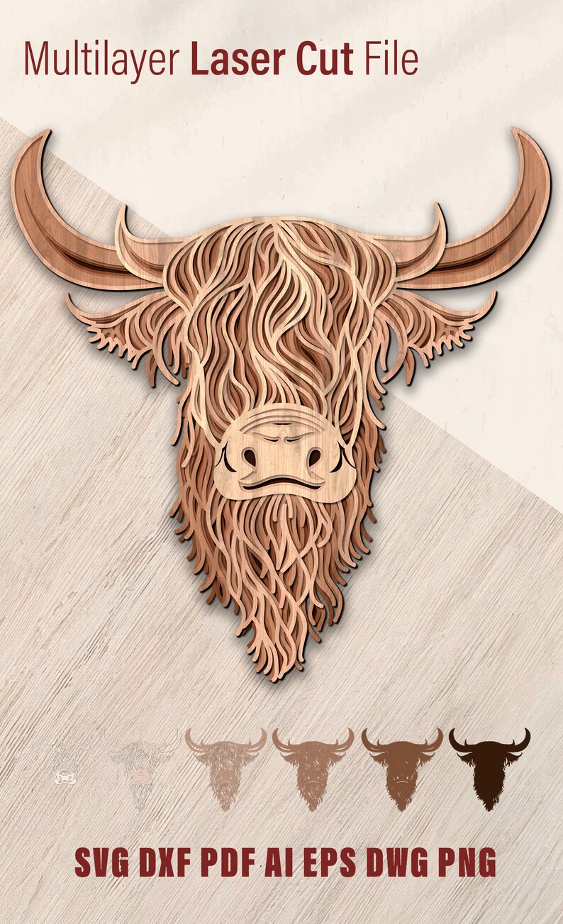 May include: Multilayer laser cut file of a Highland cow head with a brown wood finish. The file is available in SVG, DXF, PDF, AI, EPS, DWG, and PNG formats.