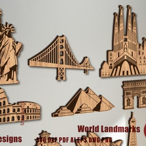 May include: A set of 15 laser cut wood designs featuring famous world landmarks, including the Eiffel Tower, the Statue of Liberty, the Great Wall of China, and the Taj Mahal.  The designs are perfect for creating unique home decor, gifts, or crafts.