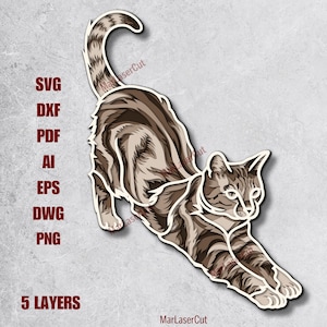 Chat multicouche qui s'étend du fichier de coupe SVG papier découpé au laser chat coupe de contreplaqué art mural amoureux des chats Design en couches 3D découpé au laser