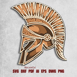 Arquivo de corte a laser espartano multicamadas, modelo espartano em camadas 3D, capacete de gladiador em camadas, DXF, DWG, arquivo de corte de papel cartão SVG, papel cartão compensado