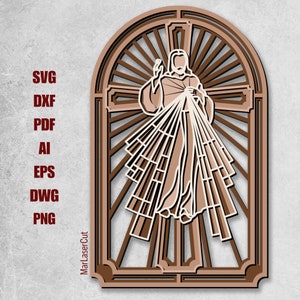Arquivo de corte a laser da Divina Misericórdia em camadas 3D, multicamadas, camadas cruzadas, corte de madeira de Jesus, DXF, DWG, modelo de corte a laser religioso, arquivo SVG
