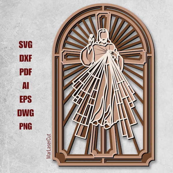 Layered Divine Mercy Laser Cut File 3D Multilayer Cross Layered Jesus wood Cutting Dxf Dwg Religious Laser Cut Template SVG File