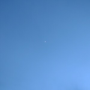 May include: A bright blue sky with a sliver of a crescent moon visible in the distance.