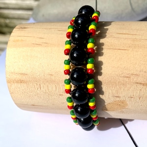 Beaded bracelet/Black onyx bracelet/Gemstone bracelet/Rasta/Reggae/Gift for her/Handmade jewelery/Bracelet for woman/Rastafarian/One love/UK