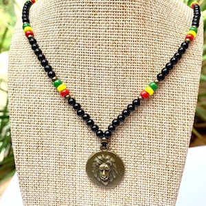 Beaded necklace/Lion pendant/Reggae necklace with lion/ Rasta beaded necklace/ Bob Marley style/Hippie necklace/Handmade/Mens necklace