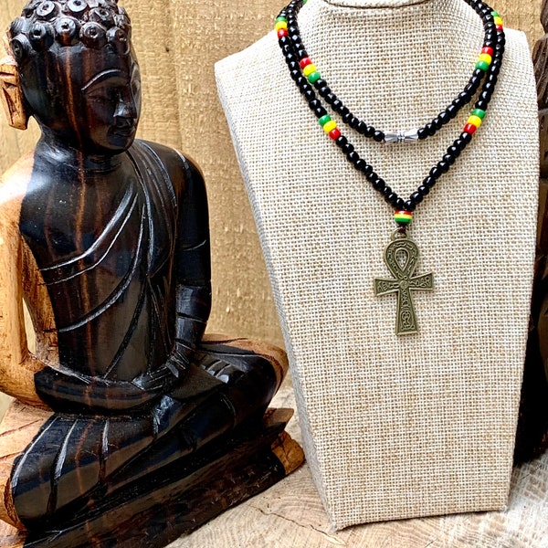 Pendentif ankh/collier reggae/symbole de vie-collier rasta-bijoux égyptien-collier croix Ankh-style rasta-jamaïcain