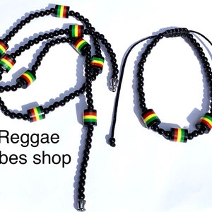 Beaded necklace and bracelet/Reggae necklace /Reggae bracelet/Black red yellow green/Handmade rasta set/Rastafarian/Jamaican/One love/Unisex
