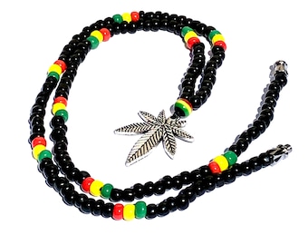 Beaded necklace/mens/women/Reggae/Rasta/Surfer/Hippie/Cannabis leaf necklace/Handmade necklace/Reggae necklace with marijuana leaf/One love