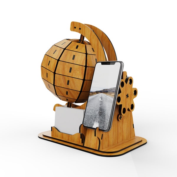 Mechanical Globe SVG, Docking Station laser cut file, Globe Phone and Card Holder SVG, laser cut SVG, Glowforge ready, digital download