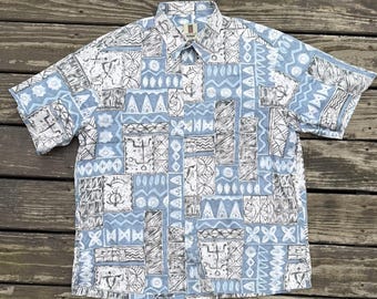 Hawaiian Shirt Petroglyph Print by Tori Richard Honolulu | XL Men's Aloha Shirt 90s Y2k Blue Floral Polynesian Print