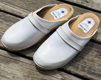 White Leather Clogs Wood Sole | Wooden Classic Mule Clogs size 41