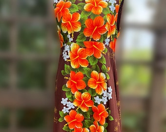 Hawaiian Orange Brown Floral Maxi Dress by Ui-Makai | Vintage Aloha Hibiscus Watteau MuuMuu Dress Size L or XL