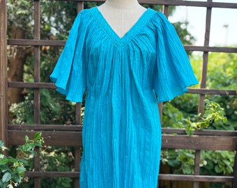 Grecian Crinkle Dress with Crochet Trim and Butterfly Flutter Sleeve | Crepe Boho Beach Dress Light Turquoise