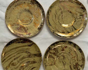 Sascha Brastoff Surf Ballet Saucers Chartreuse Yellow and Gold Set of Four | 4 Sascha B Gold Swirl Plates