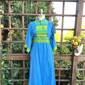 70s Vintage Floral Chambray Maxi Dress: Cottage Prairie Style