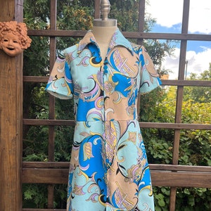 70s Blue and Tan Baroque Swirl Collared Dress size S or M