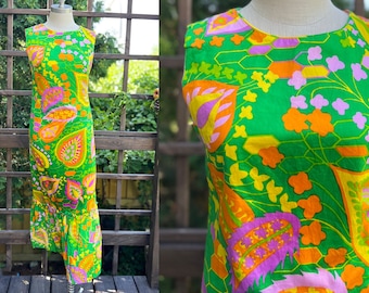 Vintage Psychedelic Floral Paisley Dress |  Mermaid Flower Dayglo Ruffle Maxi Size M