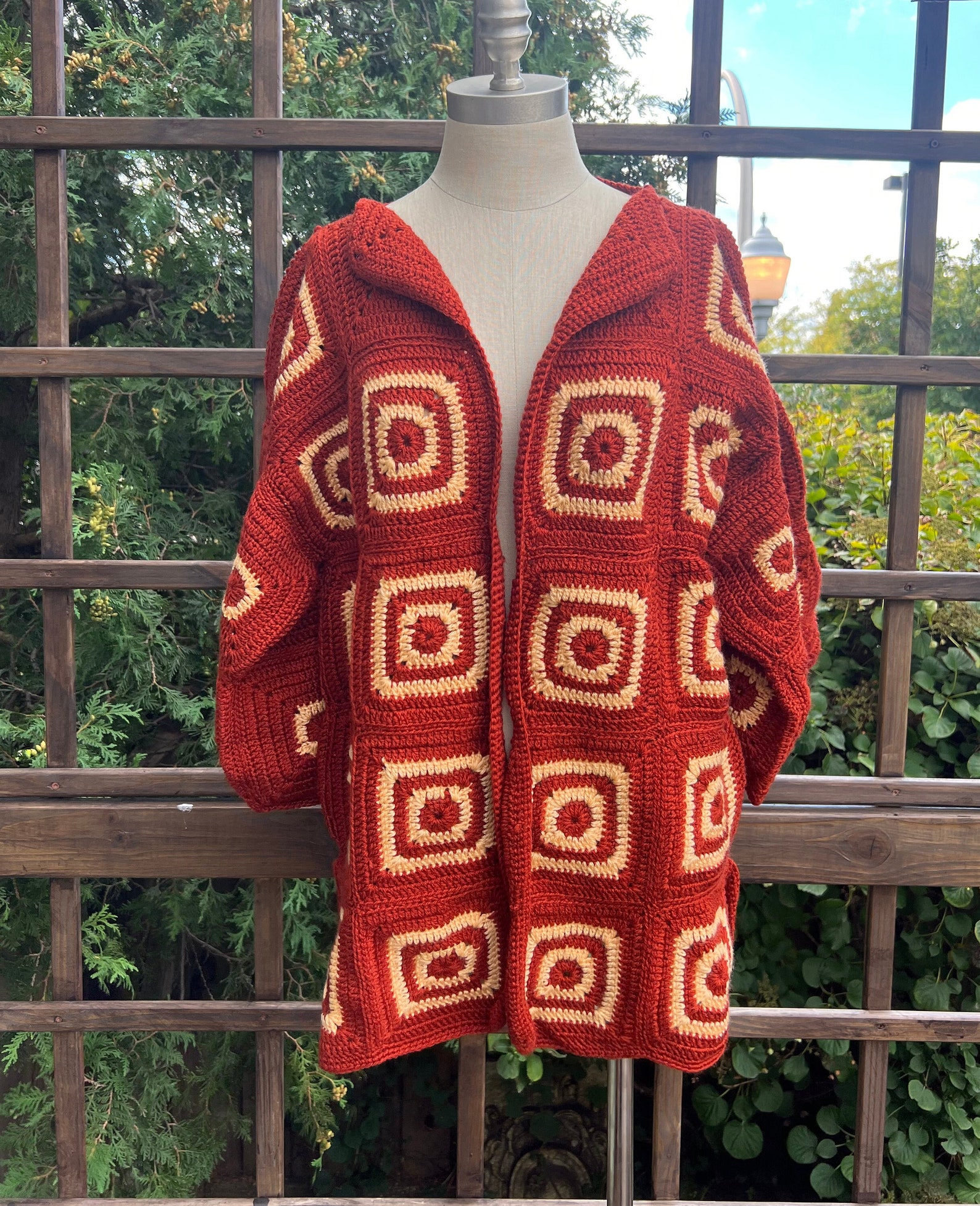 Vintage Granny Square Crochet Cardigan In Rust And Beige Size L Or XL Vintage Granny Square Crochet Cardigan In Rust And Beige Size L Or XL