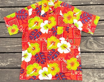 Vintage Hawaiian Shirt Red Orange Floral | 70s Hibiscus Floral Aloha Shirt L or XL