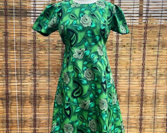 sachin and babi light blue dress Green Floral Dress With Short Puff Sleeve and Tie Back | Vintage Green  Floral Cocktail Dress