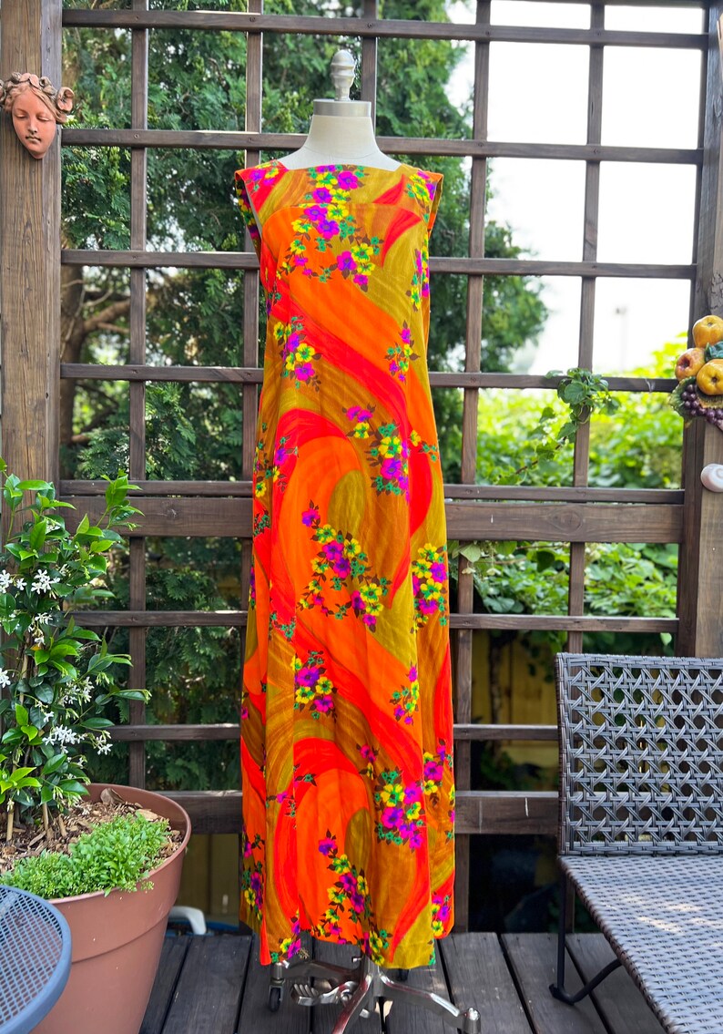Vintage Hawaiian Barkcloth Maxi Dress: Dayglo Floral 60s Aloha Gown - Etsy