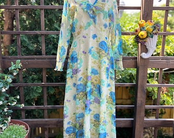 70s Floral Chiffon Dress With Ruffle Detail | Vintage Blue Green Garden Hostess Gown XL
