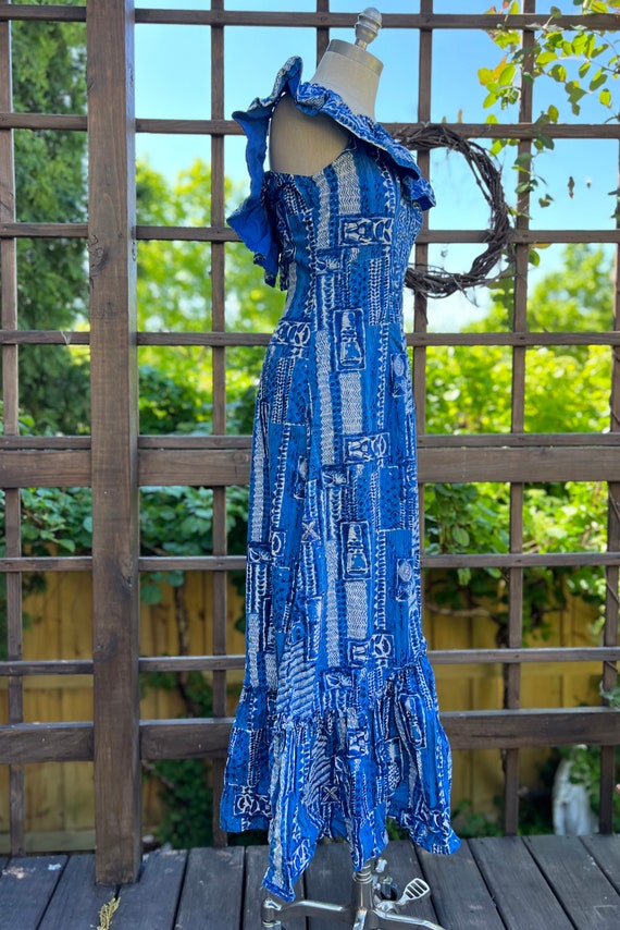 60s Hawaiian Blue Ruffle Mermaid Dress with Off T… - image 5