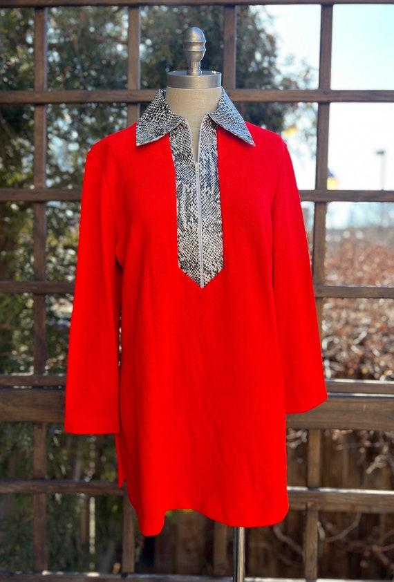 70s Red Tunic With Snakeskin Detail and Wide Colla