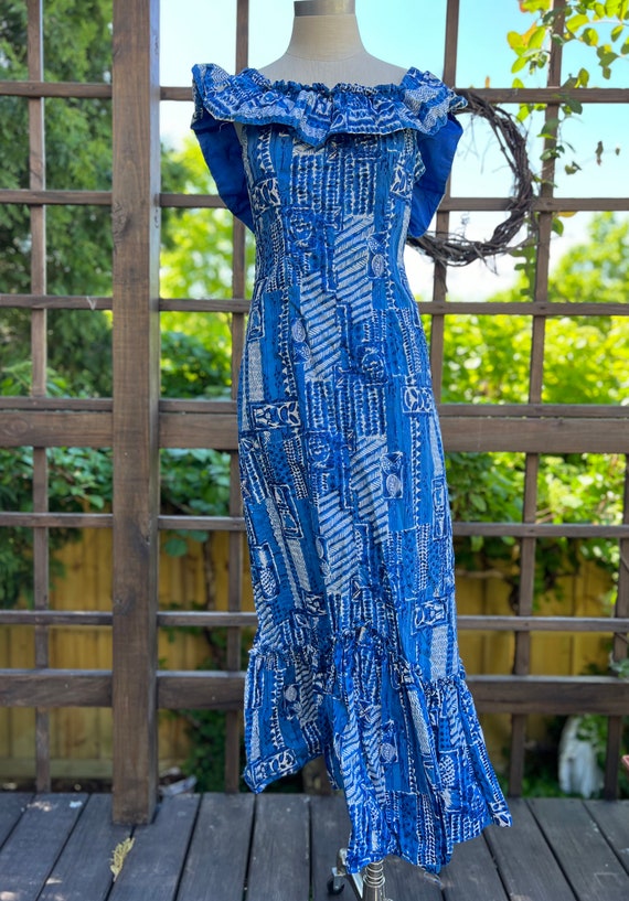 60s Hawaiian Blue Ruffle Mermaid Dress with Off T… - image 2