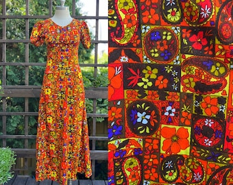 Vintage Psychedelic Floral Maxi Dress with Short Puff Sleeves and Empire Waist Size XS