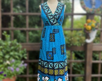 Hawaiian Blue Aloha Dress | Vintage Floral Barkcloth Sleeveless Muumuu, Size S
