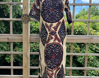 Vintage 70s Batik Kaftan Dress by Saks Fifth Avenue | M or L Cotton Boho Maxi Dress Caftan
