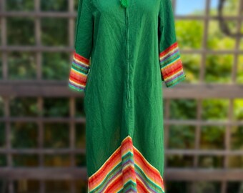 Green Rainbow Trim Kaftan Gown | Vintage Velvety Desert Rainbow Caftan Robe House Dress