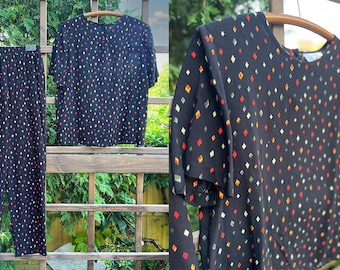 Conjunto de dos piezas de los años 90 / Pantalón y camisa con estampado geométrico vintage, talla M/L