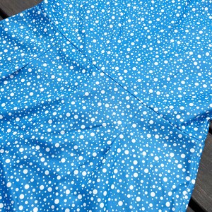 Puede incluir: Un vestido azul con estampado de lunares blancos. El vestido tiene un corpi&ntilde;o ajustado y una falda fluida.