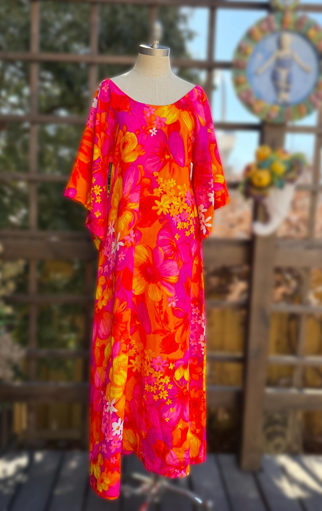60s Pink Floral Hawaiian Pake Muu Dress | Vintage Barkcloth Dayglo Neon ...