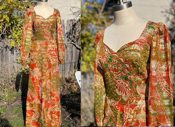 Vintage Gold Lame Paisley Maxi Dress with Sweethe… - image 1