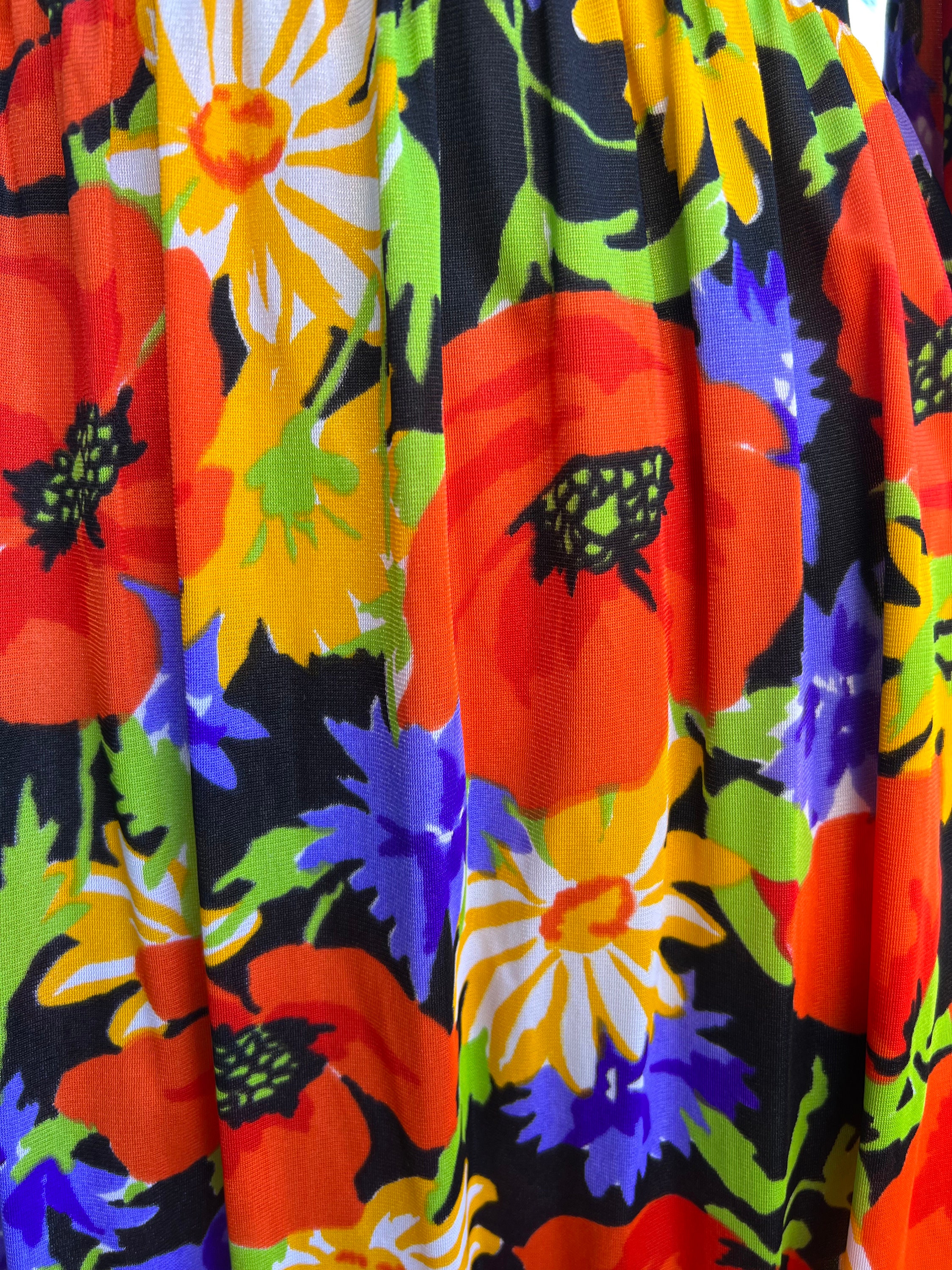 Vintage 70s Floral Daisy and Poppy Print Black Maxi Dress 10