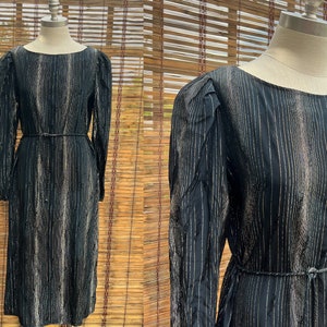 Vintage Black Cocktail Dress: 70s Gold Lamé Tie Waist, Size L