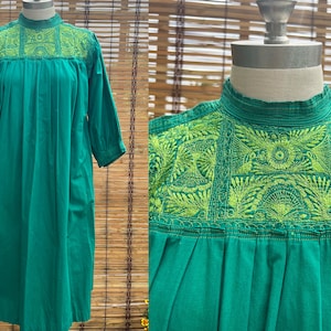 Vintage Green Cotton Dress: 60s Embroidered Bohemian Tunic